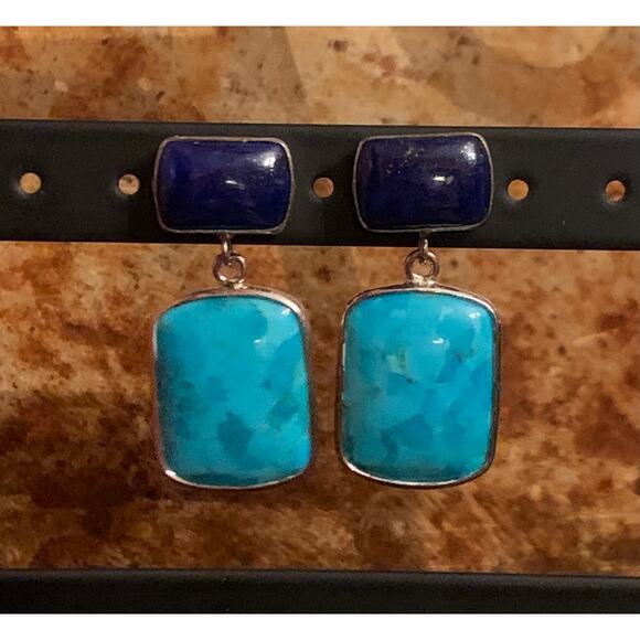 Sterling Silver, Turquoise and Lapis Earrings by CN - Picture 2 of 5